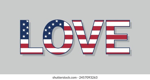 LOVE word in american flag colors, 4th of july vector design element