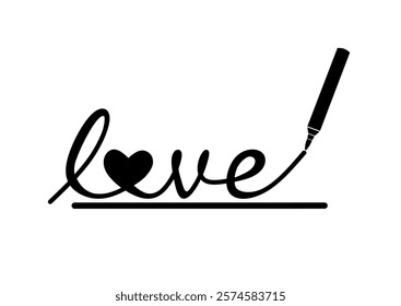 Love word art graphic vector illustration featuring calligraphy pen forming text, featuring a heart-centered design, perfect for romantic, creative or artistic themes.