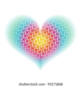 "love" word characters on gradient rainbow heart shape background