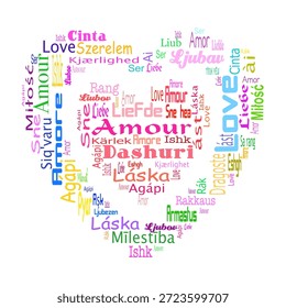 ¡Amor! Nube de palabras con la palabra amor en diferentes idiomas en forma de corazón 
