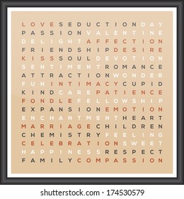 Love word cloud. Happy valentines day card. Vector design.