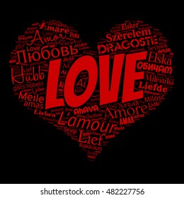 Love word cloud in heart shape on black background. Vector illustration.