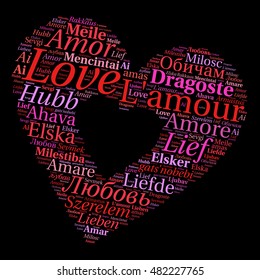 Love word cloud in heart shape on black background. Vector illustration.