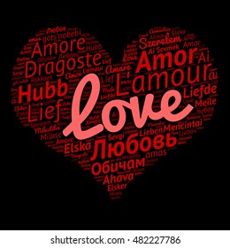 Love word cloud in heart shape on black background. Vector illustration.