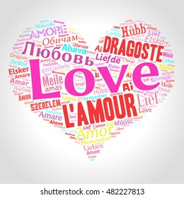 Love word cloud in heart shape in different languages. Vector illustration.
