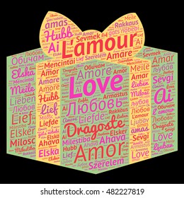 Love word cloud in present box shape in different languages. Vector illustration.