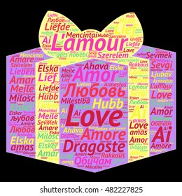 Love word cloud in present box shape in different languages. Vector illustration.