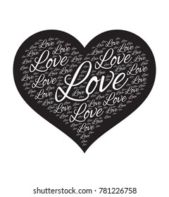 Love word cloud. Vector illustration in a heart shape. Collage for Valentine Day