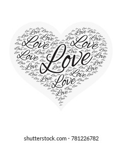 Love word cloud. Vector illustration in a heart shape. Collage for Valentine Day