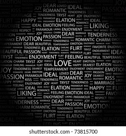 LOVE. Word collage on black background. Vector illustration. Illustration with different association terms.