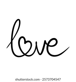 Love word in continuous line script cursive text with small heart drawing. Hand lettering vector illustration for wedding invitation, Valentines day card, poster, banner. Hand drawn love word. 