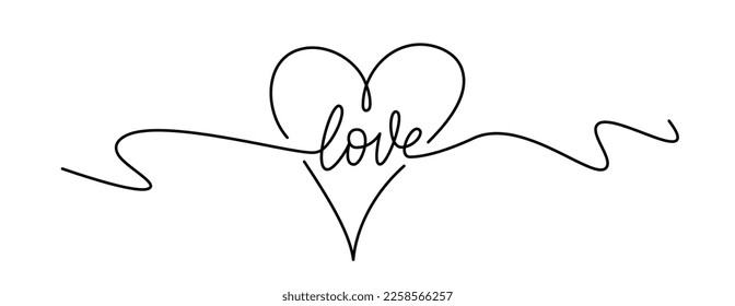 LOVE word continuous one line lettering with heart shape. Modern calligraphy hand drawn script love text. Vector illustration. Design for print on shirt, poster, banner. Text on white background