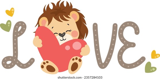 Love word with cute lion holding a heart
