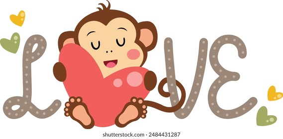 Love word with cute monkey holding a heart
