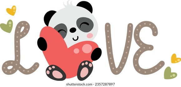 Love word with cute panda holding a heart