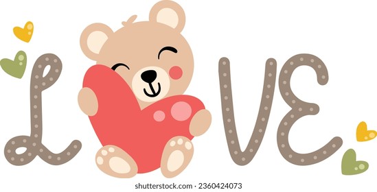 Love word with cute teddy bear holding a heart
