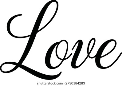 Love word in elegant cursive script with flowing lines, romantic black typography for greeting cards and decor
