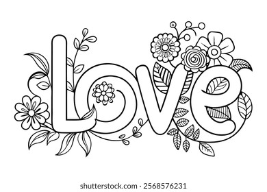 Love Word in Flowers Adult Anti-Stress Coloring Page Vector lineart