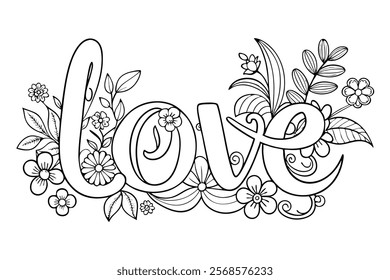 Love Word in Flowers Adult Anti-Stress Coloring Page Vector lineart