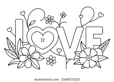 Love Word in Flowers Adult Anti-Stress Coloring Page Vector lineart