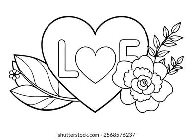 Love Word in Flowers Adult Anti-Stress Coloring Page Vector lineart