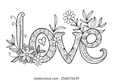 Love Word in Flowers Adult Anti-Stress Coloring Page Vector lineart