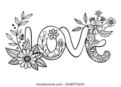 Love Word in Flowers Adult Anti-Stress Coloring Page Vector lineart