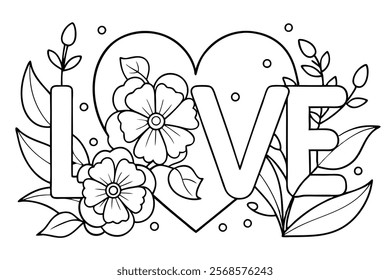 Love Word in Flowers Adult Anti-Stress Coloring Page Vector lineart