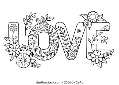 Love Word in Flowers Adult Anti-Stress Coloring Page Vector lineart