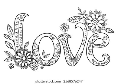 Love Word in Flowers Adult Anti-Stress Coloring Page Vector lineart