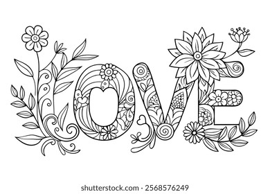 Love Word in Flowers Adult Anti-Stress Coloring Page Vector lineart