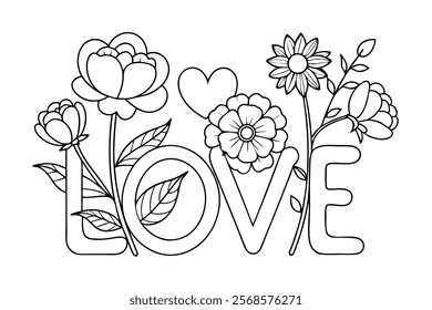 Love Word in Flowers Adult Anti-Stress Coloring Page Vector lineart