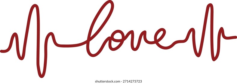Love word formed by continuous heartbeat line with smooth script stroke and cardiogram peaks. Symbol of romance, relationship pulse, valentine message. Cartoon vector illustration.