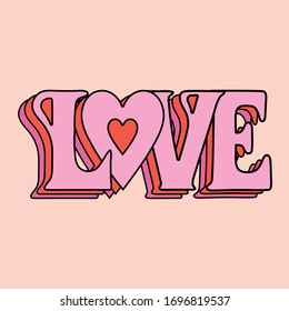 LOVE word. Fun and colorful retro lettering with a heart shape - 70s vibes and aesthetic 