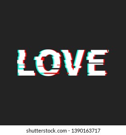 Love word glitch effect, concept divorce, separation, love print. Vector illustration isolated