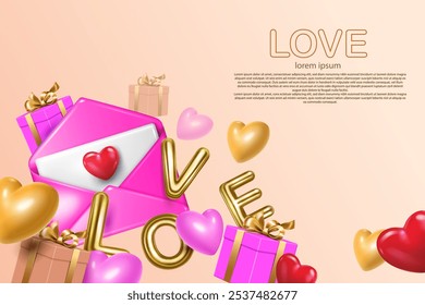 love word gold metallic letters,envelope,hearts and gift boxes decorative lovely concept banner. valentine's day and mother's day celebration creative and modern background,greeting card.