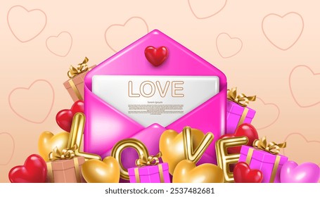 love word gold metallic letters,envelope,hearts and gift boxes decorative lovely concept banner. valentine's day and mother's day celebration creative and modern background,greeting card.