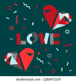 Love word hand drawn lettering, heart made of mosaic. Memphis background with geometric elements.  Vector illustration for greeting card, t-shirt, banner, poster, flyer. 