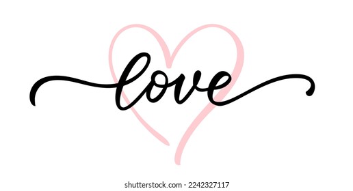LOVE word hand drawn lettering. Modern calligraphy script love text. Vector illustration. Design for print on shirt, poster, banner. Pink color text on white background. Lovely print for tee shirt