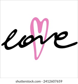 Love word hand drawn lettering with heart. Calligraphy script love text. Design for print on shirt, poster, banner, sticker