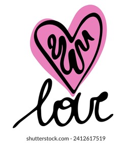 Love word hand drawn lettering with pink heart. Calligraphy script love text. Design for print on shirt, poster, banner, sticker