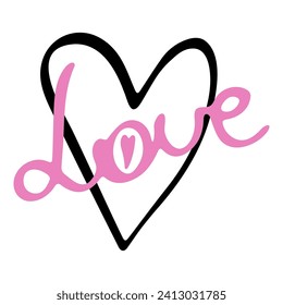 Love word hand drawn lettering with  heart. Calligraphy script love text. Design for print on shirt, poster, banner, sticker