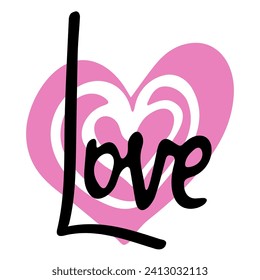 Love word hand drawn lettering with pink heart. Calligraphy script love text. Design for print on shirt, poster, banner, sticker