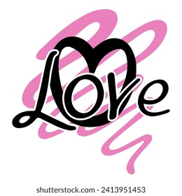 Love word hand drawn lettering with heart. Calligraphy script love text. Design for print on shirt, poster, banner, sticker