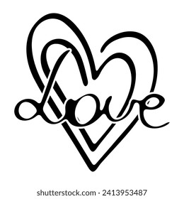 Love word hand drawn lettering with pink heart. Calligraphy script love text. Design for print on shirt, poster, banner, sticker