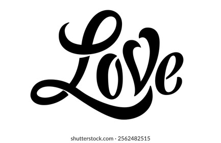 Love word hand drawn lettering. Black and white modern calligraphy love text. Valentine's Day template or background. Vector illustration. Design for printing on t-shirt, poster, banner.