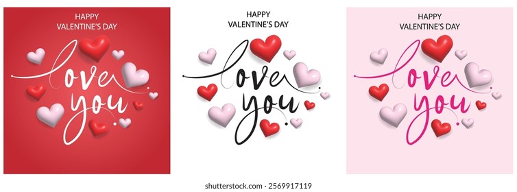 Love word hand drawn lettering and calligraphy with cute heart on red, white and pink background. Valentine's day template or background for Love and Valentine's day concept