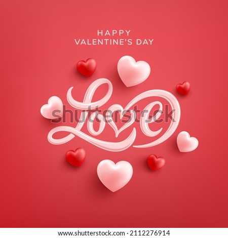 Love word hand drawn lettering and calligraphy with red and pink heart on red background.Valentine's day template or background for Love and Valentine's day concept