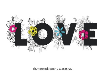 love word with handmade font and floral decoration