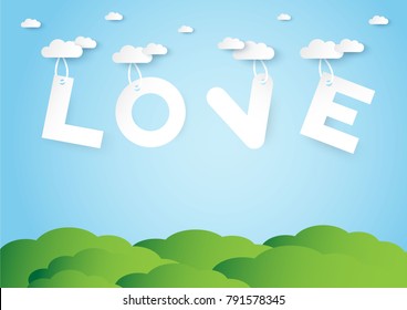 love word hanging with cloud in blue sky and garden vector background, love and valentine day concept, space for text or message design